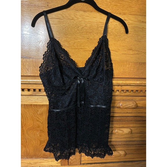 Tops - Y2K Coquette Whimsigoth Black Sheer Floral Lace Cami Sheer V-Neck Lingerie Top‎